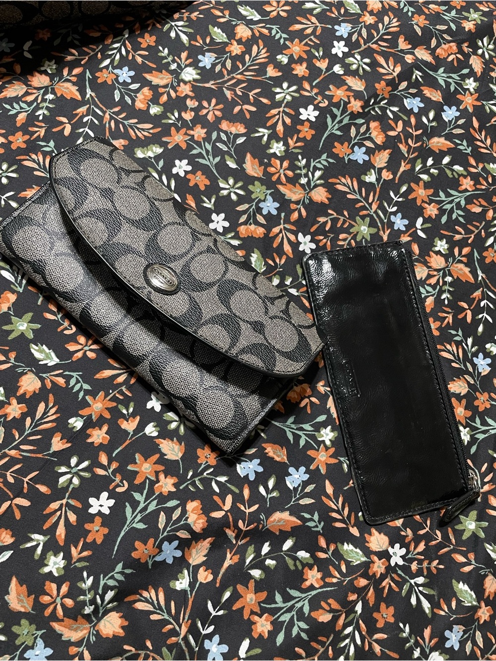 Coach Gray Signature Pattern Folded Wallet with Black Leather Card Sleeve
